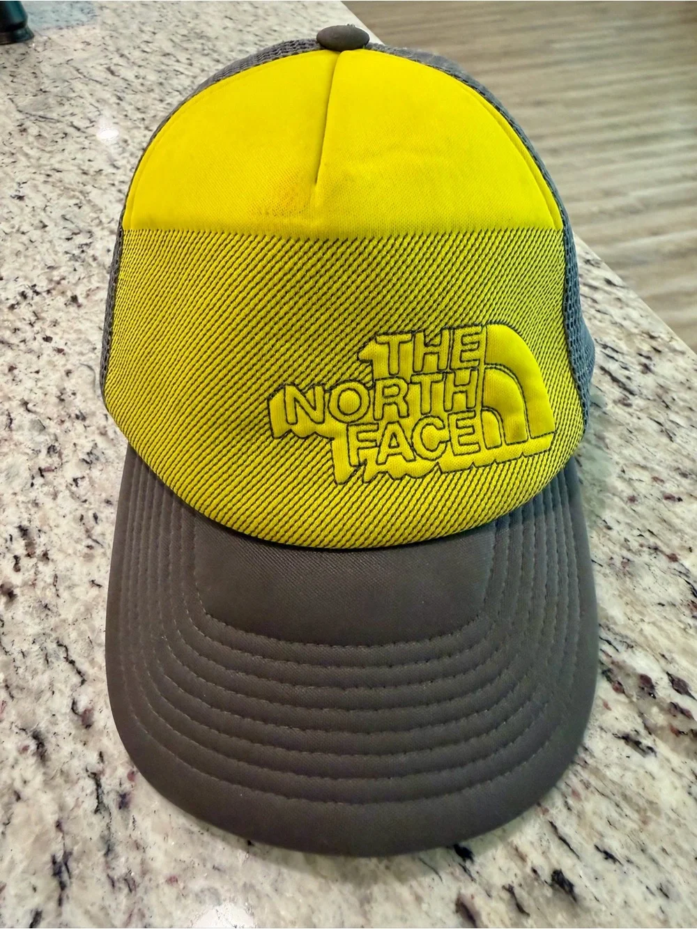 The North Face Cross Stitch Trucker Hat Cap Snapback One Size Yellow Gray